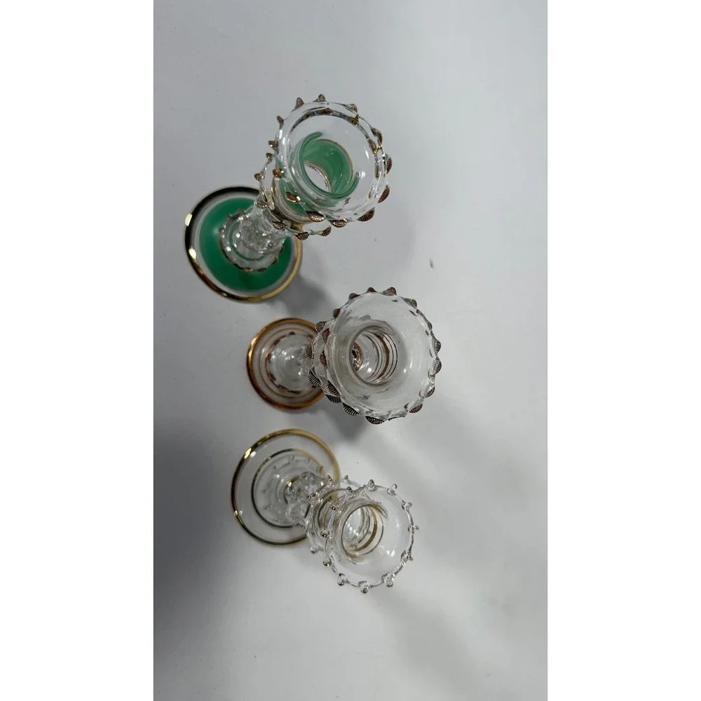 Vintage Murano Style Glass Candlestick Holders Set of 3 Gold Trim Green Clear